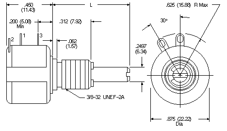 Potentiometer - 2.3 Watt, 7/8" round case, 1/4" dia. shaft, 5 turn, precision wirewound Dimensional Drawings