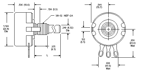 KU/RV4NAY Series Potentiometer Dimensional Drawing 2