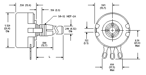 Potentiometer - 2 Watt, 1/4 inch  dia. locking shaft Dimensional Drawing