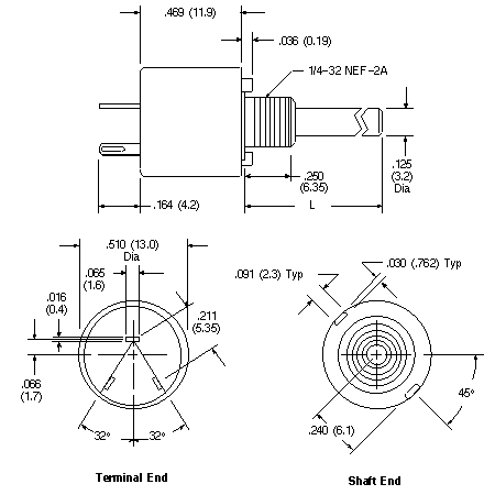 Potentiometer - 1/2 Watt, 1/8 inch dia. shaft Dimensional Drawing