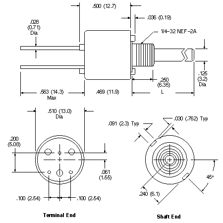SPRU/RV8NAY Series Potentiometer Dimensions